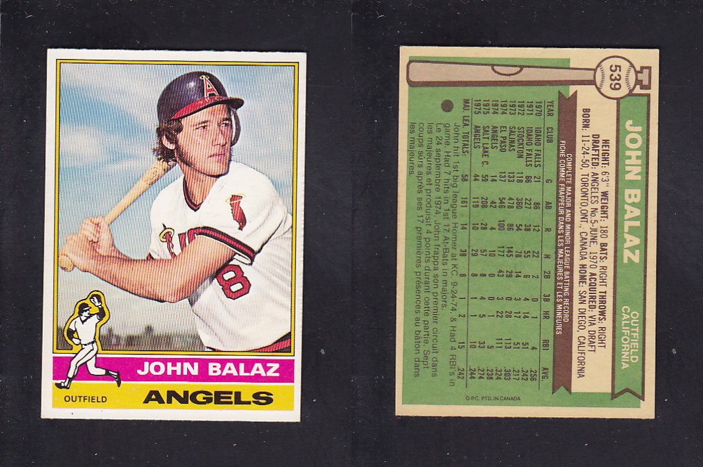 1976 O-PEE-CHEE BASEBALL CARD #539 J. BALAZ photo