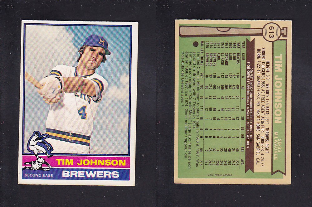 1976 O-PEE-CHEE BASEBALL CARD #613 T. JOHNSON photo