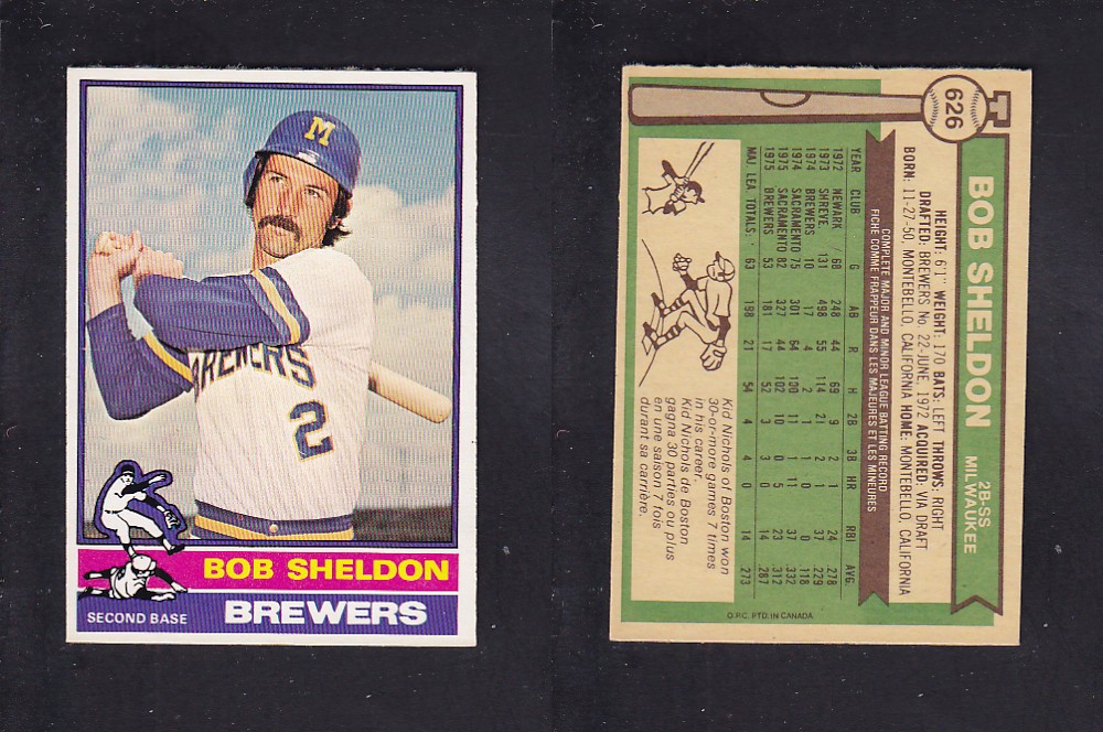 1976 O-PEE-CHEE BASEBALL CARD #626 B. SHELDON photo