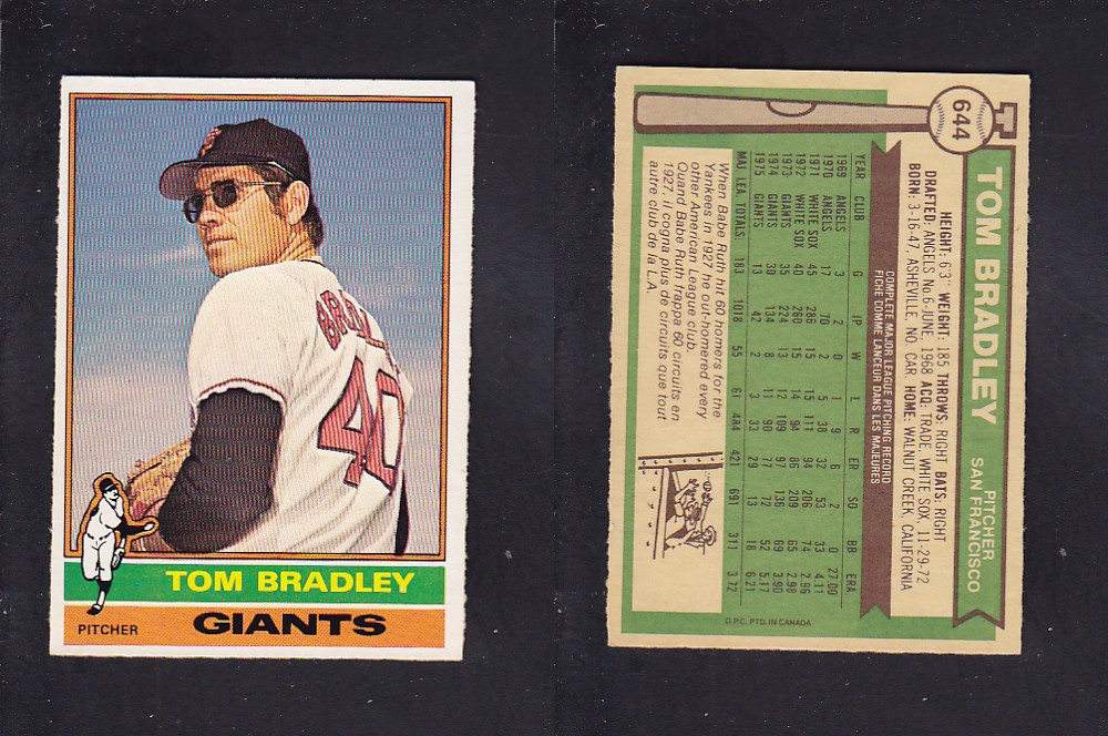 1976 O-PEE-CHEE BASEBALL CARD #644 T. BRADLEY photo