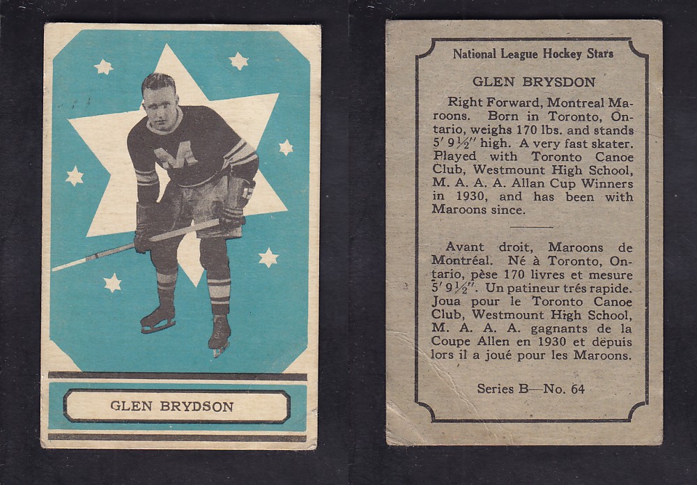 1933-34 O-PEE-CHEE HOCKEY CARD SER. A #64 G. BRYSDON photo 1933-34 O-PEE-CHEE HOCKEY CARD SER. A #64 G. BRYSDON photo
