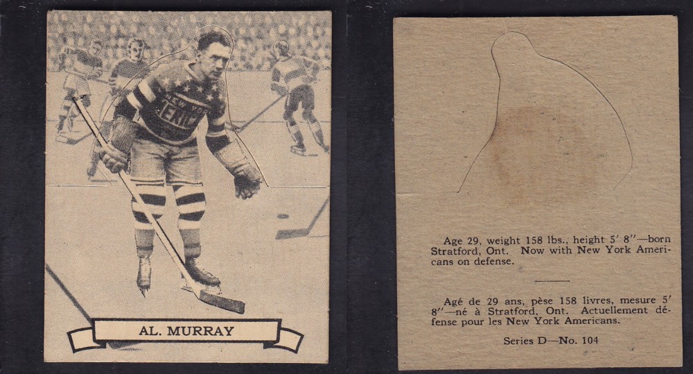 1936-37 O-PEE-CHEE HOCKEY CARD SER. D #104 A. MURRAY photo 1936-37 O-PEE-CHEE HOCKEY CARD SER. D #104 A. MURRAY photo
