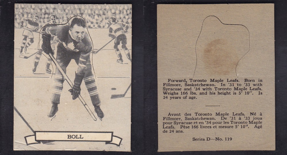 1936-37 O-PEE-CHEE HOCKEY CARD SER. D #119 B. BOLL photo 1936-37 O-PEE-CHEE HOCKEY CARD SER. D #119 B. BOLL photo