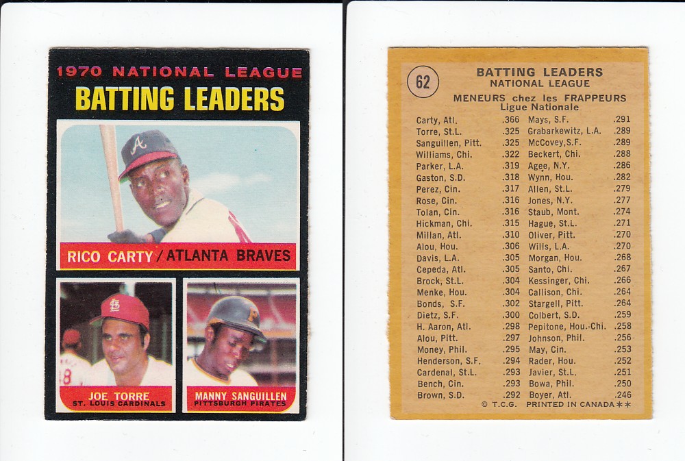 1971 O-PEE-CHEE BASEBALL CARD #62 N.L. BATTING LEADERS photo 1971 O-PEE-CHEE BASEBALL CARD #62 N.L. BATTING LEADERS photo