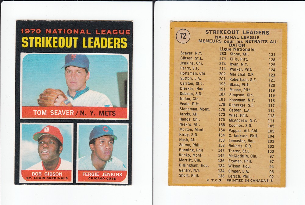 1971 O-PEE-CHEE BASEBALL CARD #72 N.L. STRIKEOUT LEADERS photo 1971 O-PEE-CHEE BASEBALL CARD #72 N.L. STRIKEOUT LEADERS photo