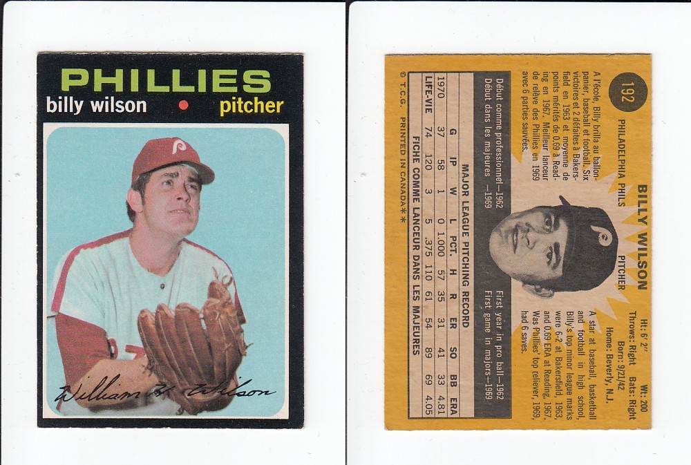 1971 O-PEE-CHEE BASEBALL CARD #192 B. WILSON photo 1971 O-PEE-CHEE BASEBALL CARD #192 B. WILSON photo