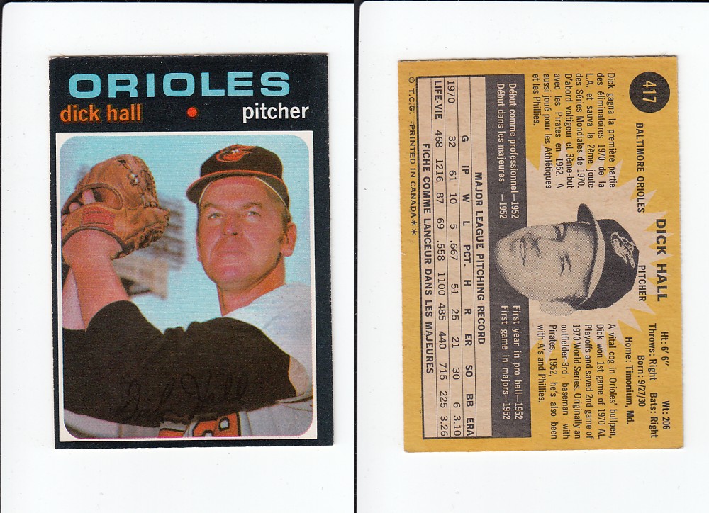 1971 O-PEE-CHEE BASEBALL CARD #417 D. HALL photo 1971 O-PEE-CHEE BASEBALL CARD #417 D. HALL photo