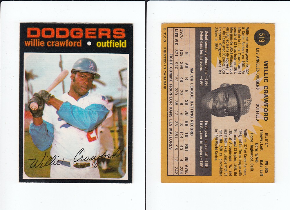 1971 O-PEE-CHEE BASEBALL CARD #519 W. CRAWFORD photo 1971 O-PEE-CHEE BASEBALL CARD #519 W. CRAWFORD photo