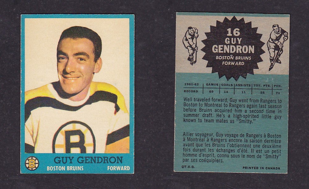 1962-63 TOPPS HOCKEY CARD #16 G. GENDRON photo 1962-63 TOPPS HOCKEY CARD #16 G. GENDRON photo