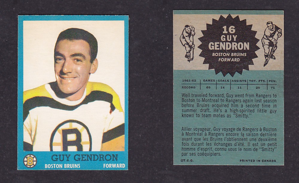 1962-63 TOPPS HOCKEY CARD #16 G. GENDRON photo 1962-63 TOPPS HOCKEY CARD #16 G. GENDRON photo