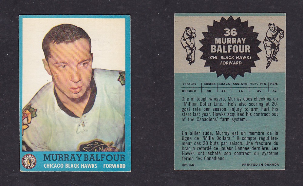 1962-63 TOPPS HOCKEY CARD #36 M. BALFOUR photo 1962-63 TOPPS HOCKEY CARD #36 M. BALFOUR photo