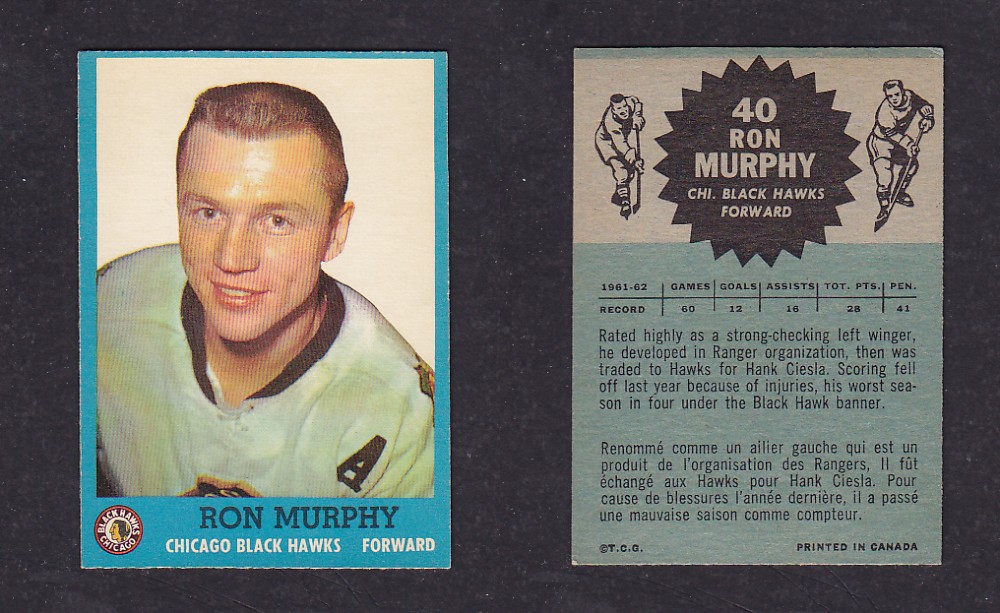 1962-63 TOPPS HOCKEY CARD #40 R. MURPHY photo 1962-63 TOPPS HOCKEY CARD #40 R. MURPHY photo