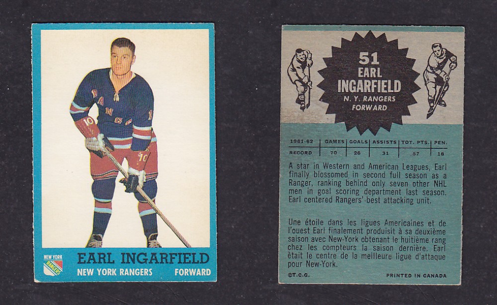 1962-63 TOPPS HOCKEY CARD #51 E. INGARFIELD photo 1962-63 TOPPS HOCKEY CARD #51 E. INGARFIELD photo