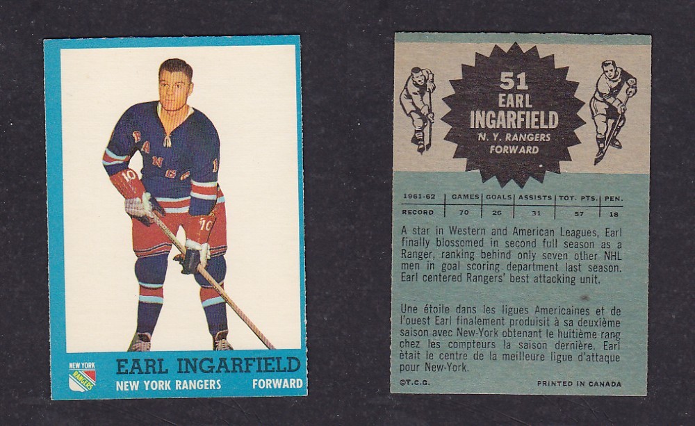 1962-63 TOPPS HOCKEY CARD #51 E. INGARFIELD photo 1962-63 TOPPS HOCKEY CARD #51 E. INGARFIELD photo