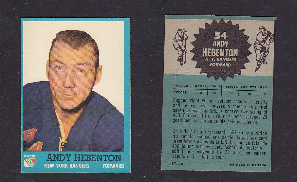 1962-63 TOPPS HOCKEY CARD #54 A. HEBENTON photo 1962-63 TOPPS HOCKEY CARD #54 A. HEBENTON photo