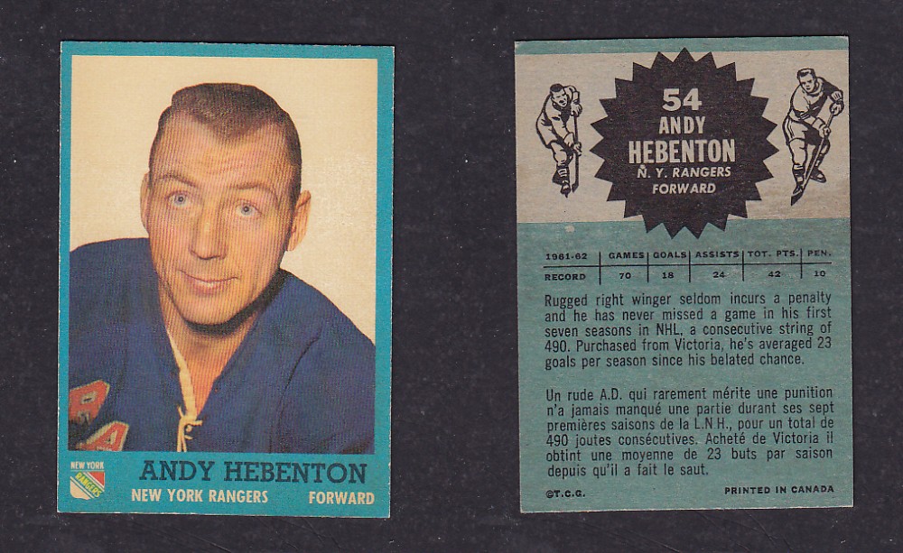 1962-63 TOPPS HOCKEY CARD #54 A. HEBENTON photo 1962-63 TOPPS HOCKEY CARD #54 A. HEBENTON photo