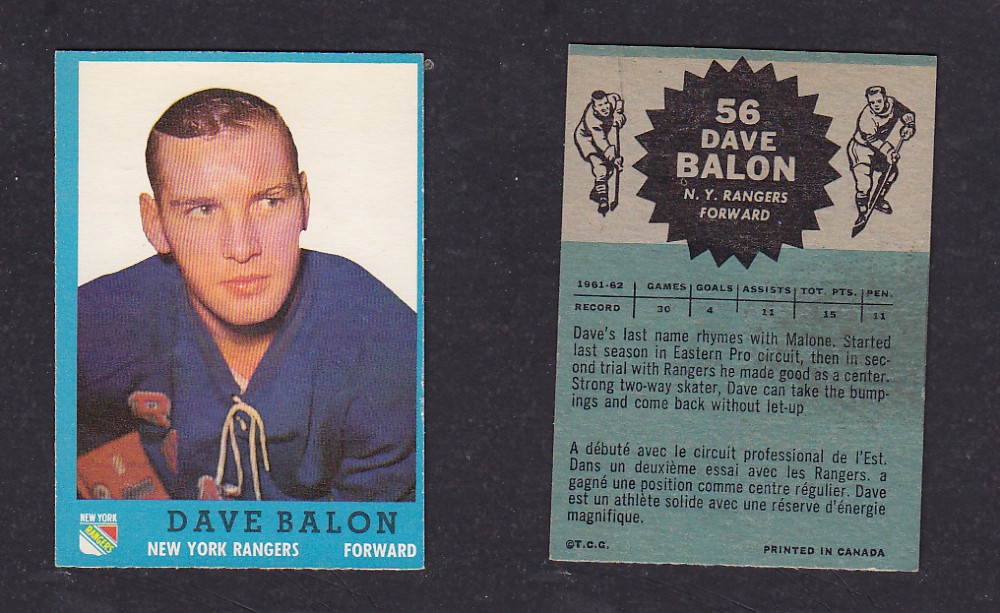 1962-63 TOPPS HOCKEY CARD #56 D. BALON photo 1962-63 TOPPS HOCKEY CARD #56 D. BALON photo