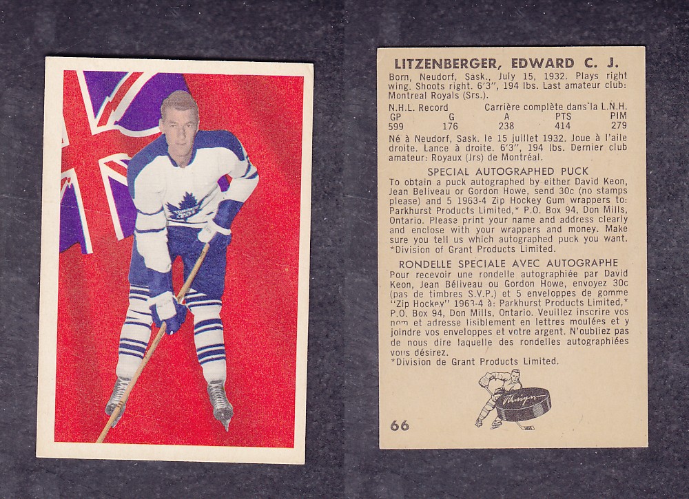 1963-64 PARKHURST HOCKEY CARD #66 E. LITZENBERGER photo 1963-64 PARKHURST HOCKEY CARD #66 E. LITZENBERGER photo
