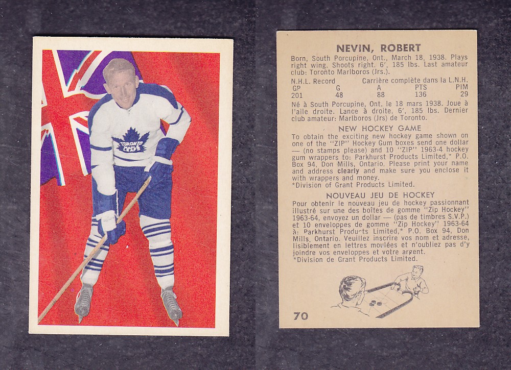 1963-64 PARKHURST HOCKEY CARD #70 R. NEVIN photo 1963-64 PARKHURST HOCKEY CARD #70 R. NEVIN photo