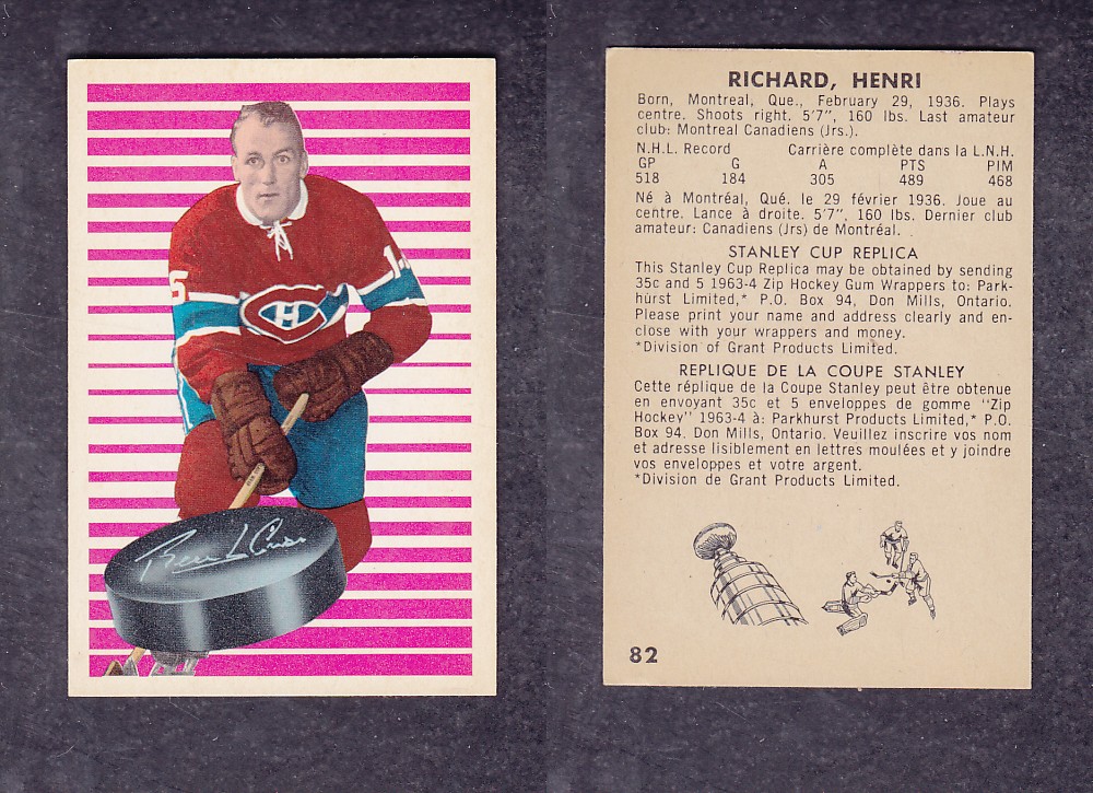 1963-64 PARKHURST HOCKEY CARD #82 H. RICHARD photo 1963-64 PARKHURST HOCKEY CARD #82 H. RICHARD photo