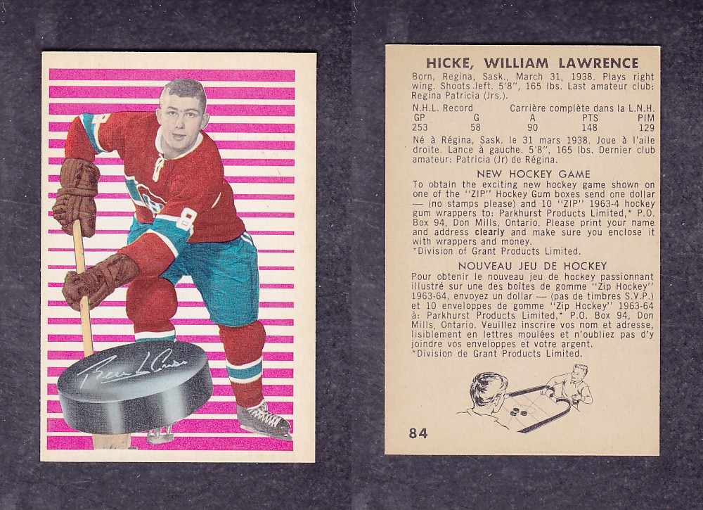 1963-64 PARKHURST HOCKEY CARD #84 W. HICKE photo 1963-64 PARKHURST HOCKEY CARD #84 W. HICKE photo
