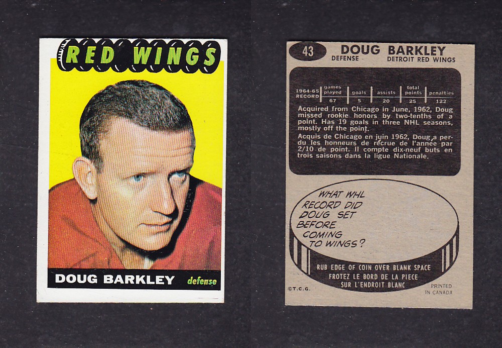 1965-66 TOPPS HOCKEY CARD #43 D. BARKLEY photo 1965-66 TOPPS HOCKEY CARD #43 D. BARKLEY photo