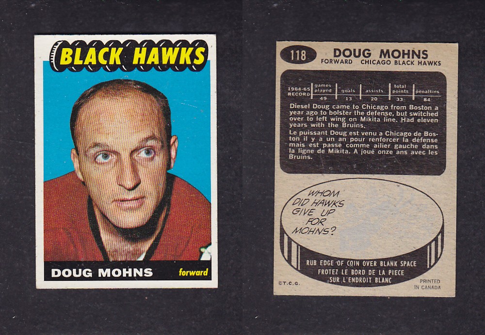 1965-66 TOPPS HOCKEY CARD #118 D. MOHNS photo 1965-66 TOPPS HOCKEY CARD #118 D. MOHNS photo