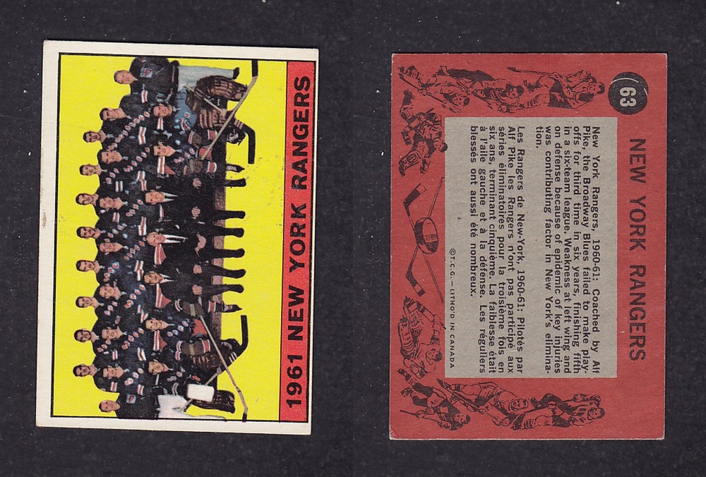 1961-62 TOPPS HOCKEY CARD #63 1961 NEW YORK RANGERS photo 1961-62 TOPPS HOCKEY CARD #63 1961 NEW YORK RANGERS photo