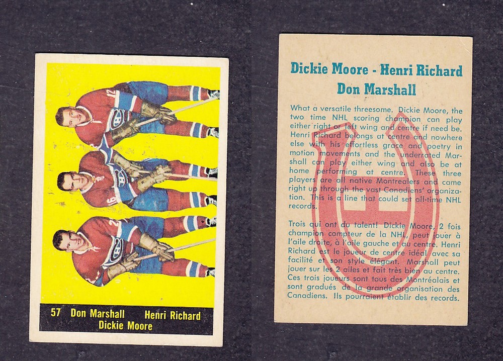 1960-61 PARKHURST HOCKEY CARD #57 D. MARSHALL/ H. RICHARD/ D. MOORE photo