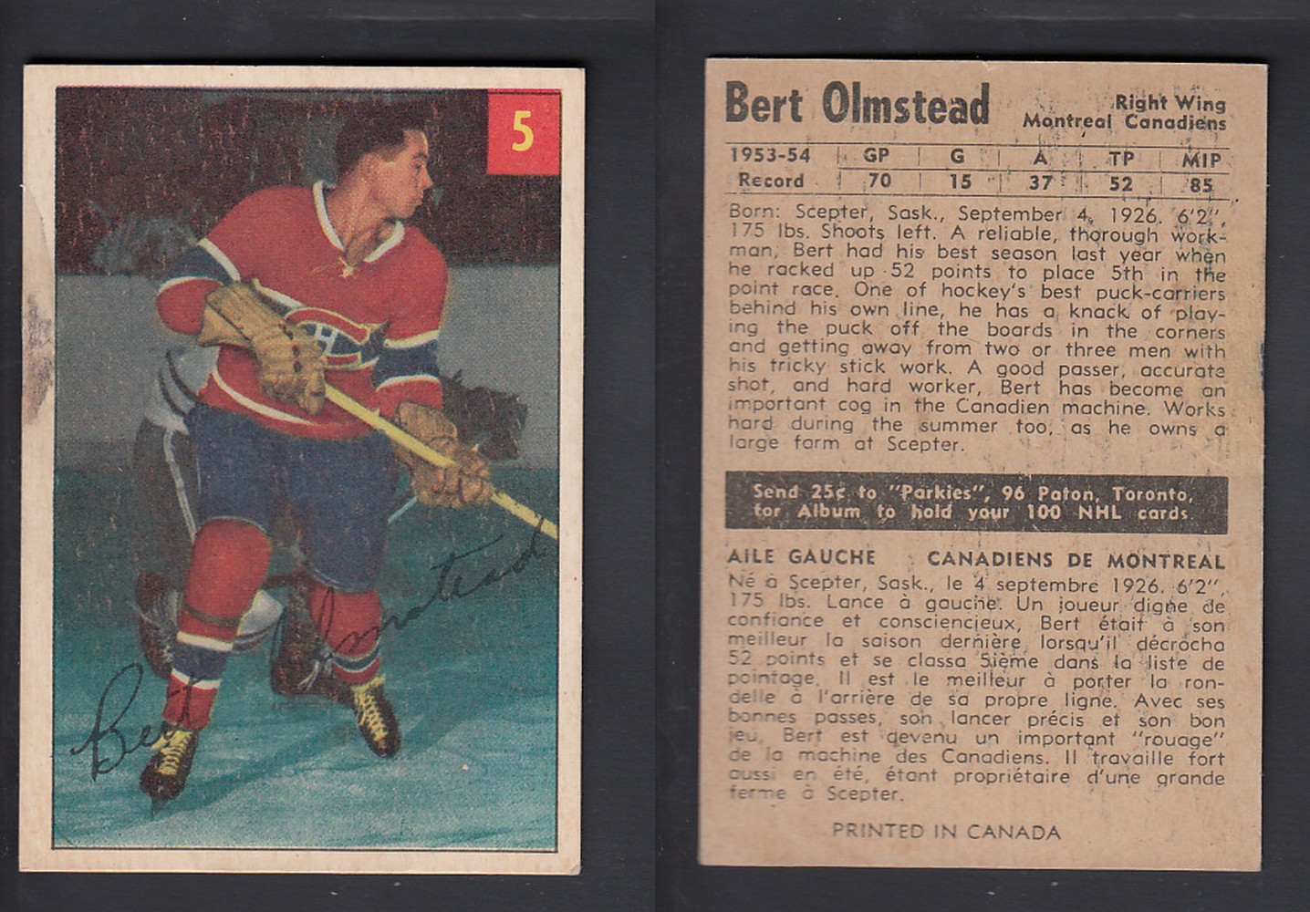 1954-55 PARKHURST HOCKEY CARD #5 B. OLMSTEAD photo 1954-55 PARKHURST HOCKEY CARD #5 B. OLMSTEAD photo