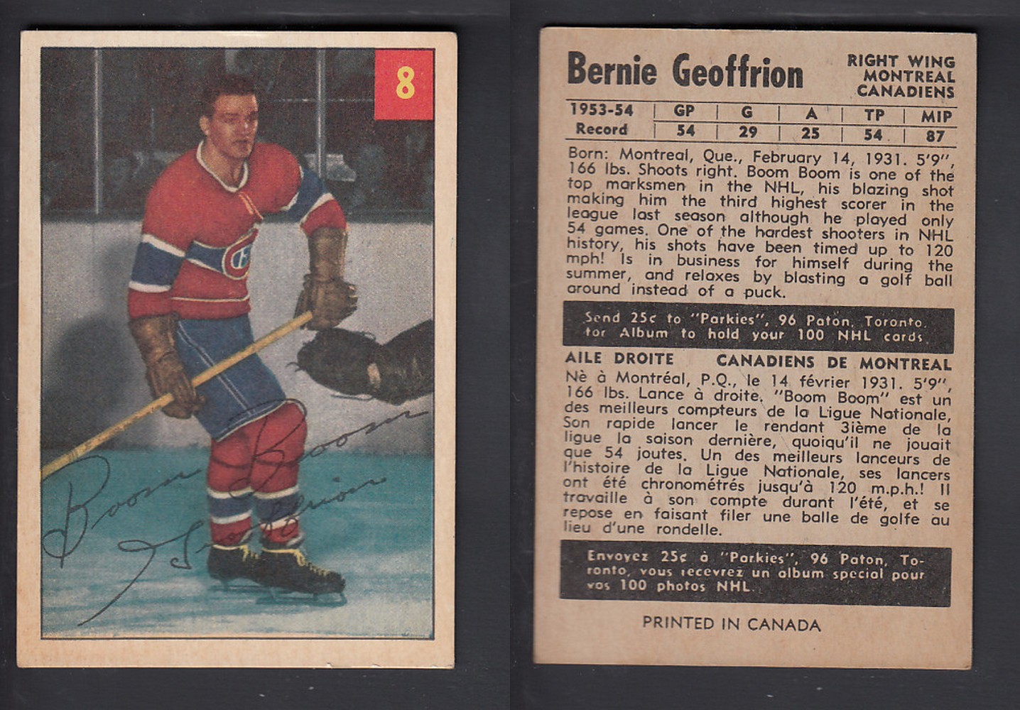 1954-55 PARKHURST HOCKEY CARD #8 B. GEOFFRION photo 1954-55 PARKHURST HOCKEY CARD #8 B. GEOFFRION photo