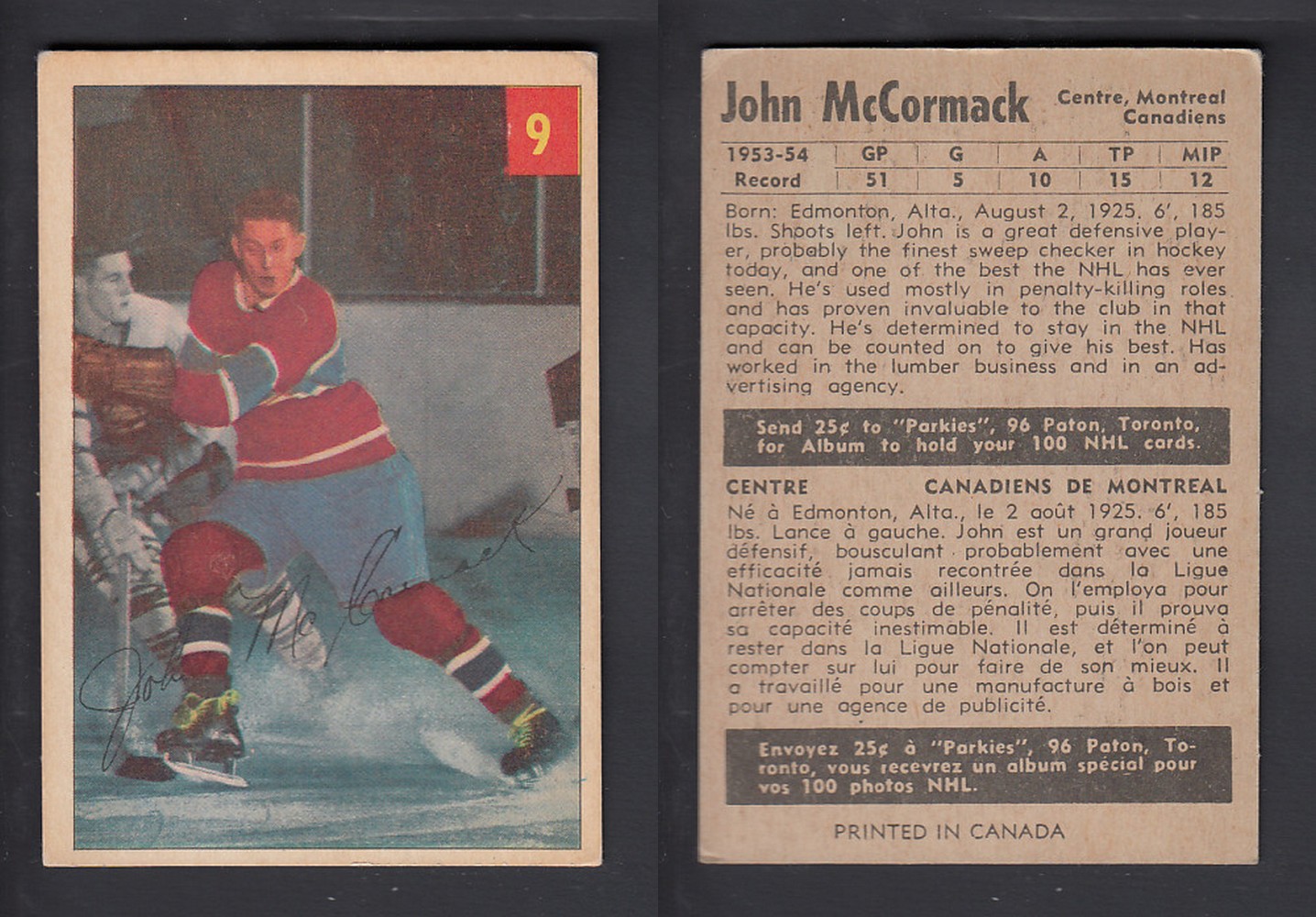 1954-55 PARKHURST HOCKEY CARD #9 J. McCORMACK photo 1954-55 PARKHURST HOCKEY CARD #9 J. McCORMACK photo