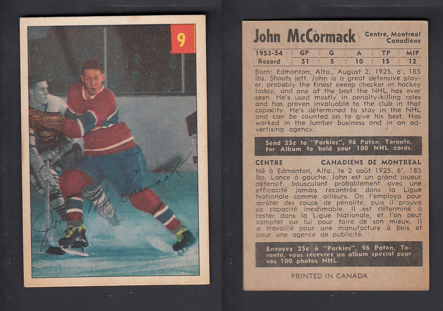 1954-55 PARKHURST HOCKEY CARD #9 J. McCORMACK photo 1954-55 PARKHURST HOCKEY CARD #9 J. McCORMACK photo