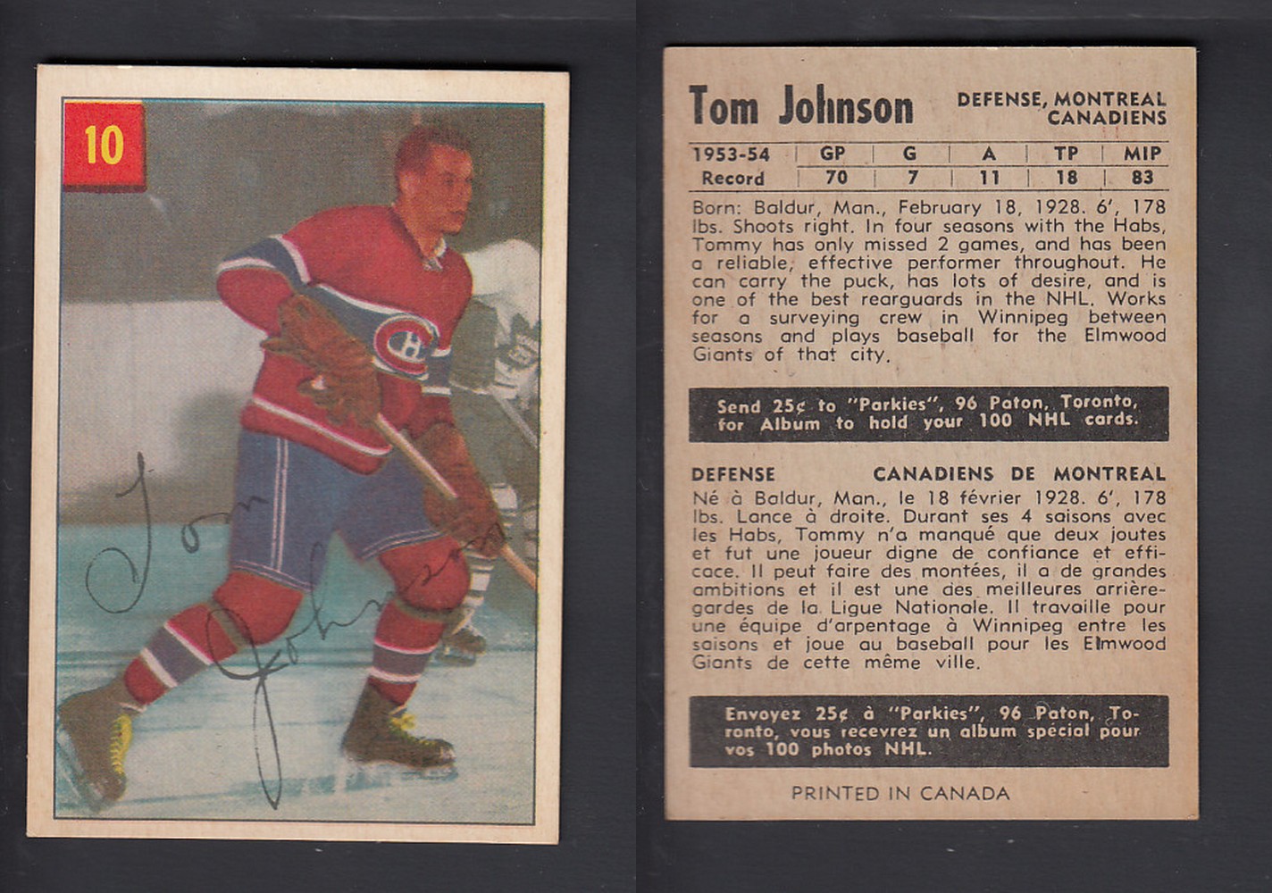 1954-55 PARKHURST HOCKEY CARD #10 T. JOHNSON photo