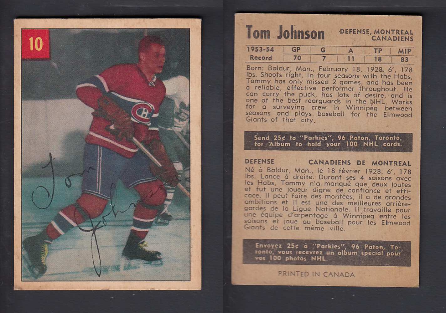 1954-55 PARKHURST HOCKEY CARD #10 T. JOHNSON photo