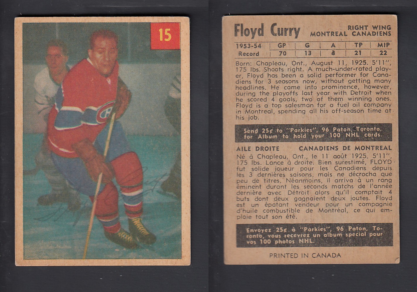 1954-55 PARKHURST HOCKEY CARD #15 F. CURRY photo 1954-55 PARKHURST HOCKEY CARD #15 F. CURRY photo