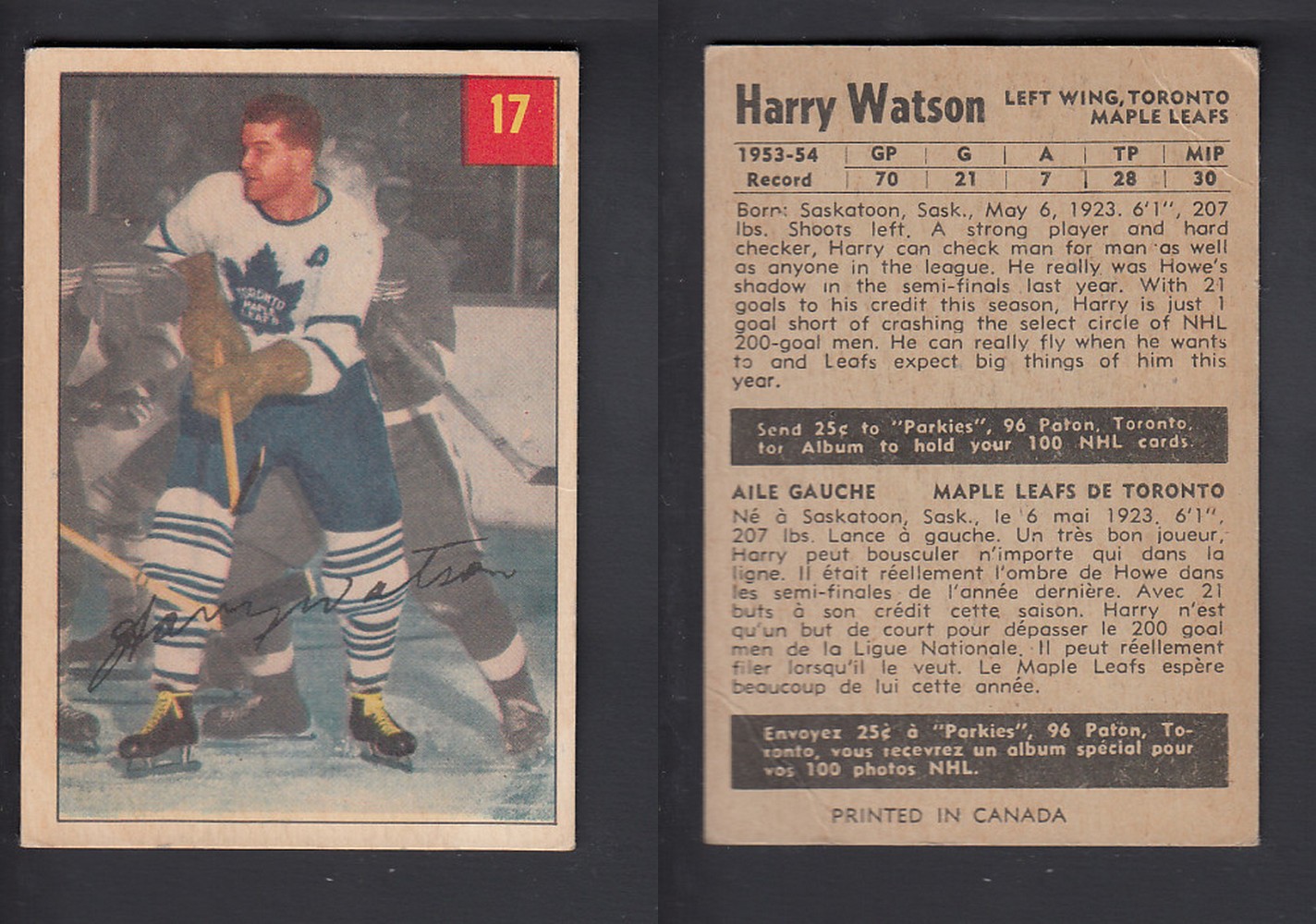1954-55 PARKHURST HOCKEY CARD #17 H. WATSON photo 1954-55 PARKHURST HOCKEY CARD #17 H. WATSON photo