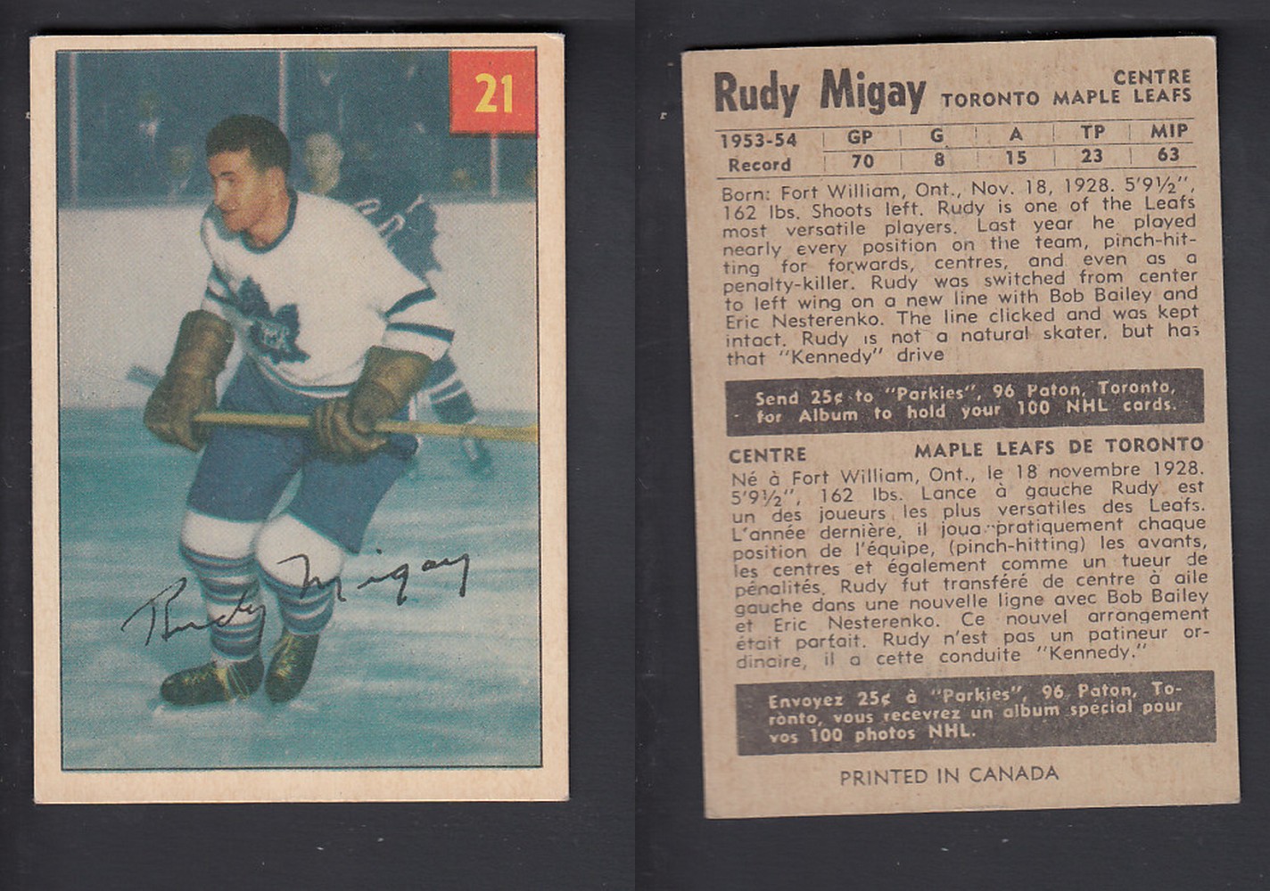 1954-55 PARKHURST HOCKEY CARD #21 R. MIGAY photo 1954-55 PARKHURST HOCKEY CARD #21 R. MIGAY photo