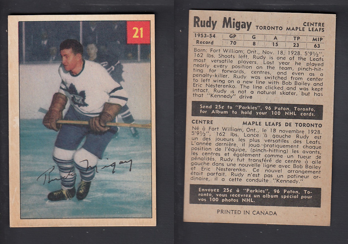 1954-55 PARKHURST HOCKEY CARD #21 R. MIGAY photo 1954-55 PARKHURST HOCKEY CARD #21 R. MIGAY photo