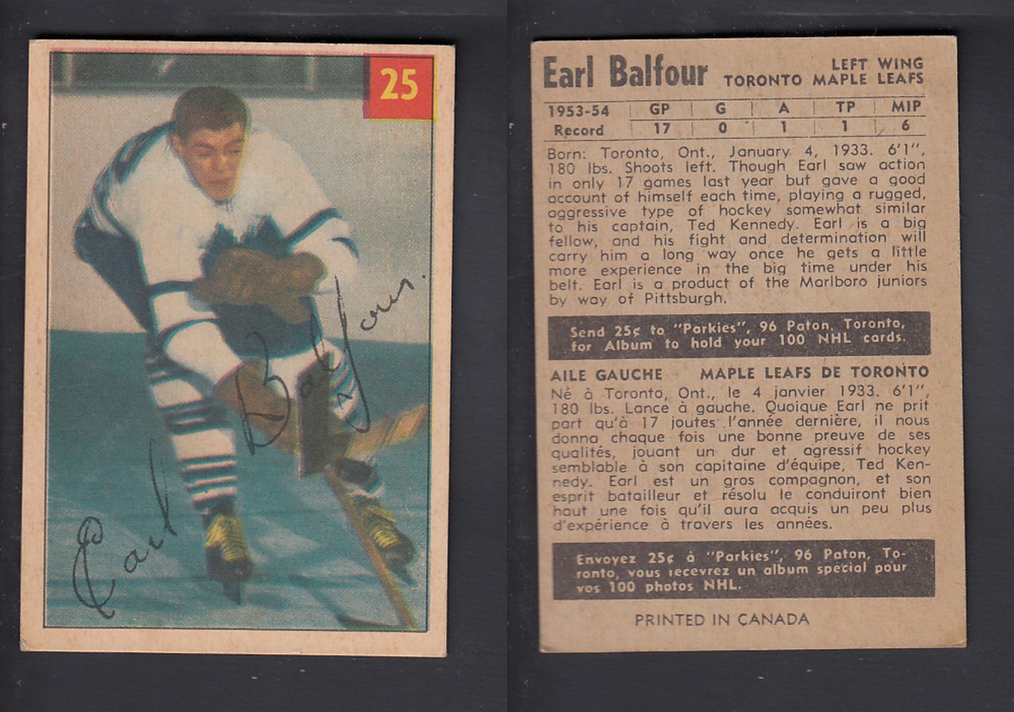 1954-55 PARKHURST HOCKEY CARD #25 E. BALFOUR photo 1954-55 PARKHURST HOCKEY CARD #25 E. BALFOUR photo