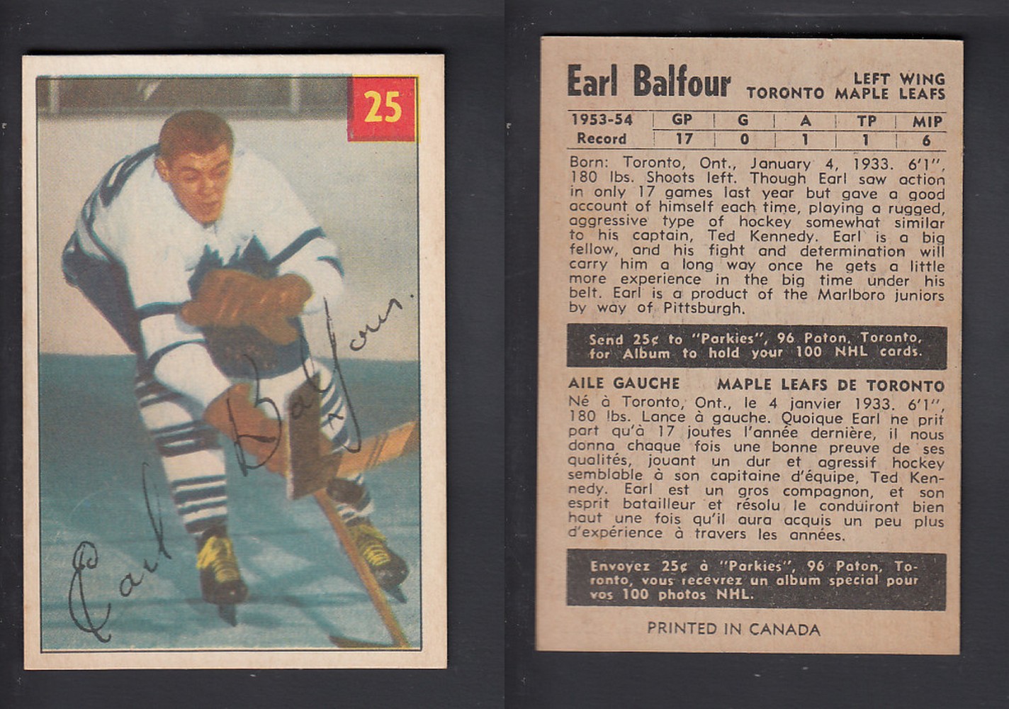 1954-55 PARKHURST HOCKEY CARD #25 E. BALFOUR photo 1954-55 PARKHURST HOCKEY CARD #25 E. BALFOUR photo