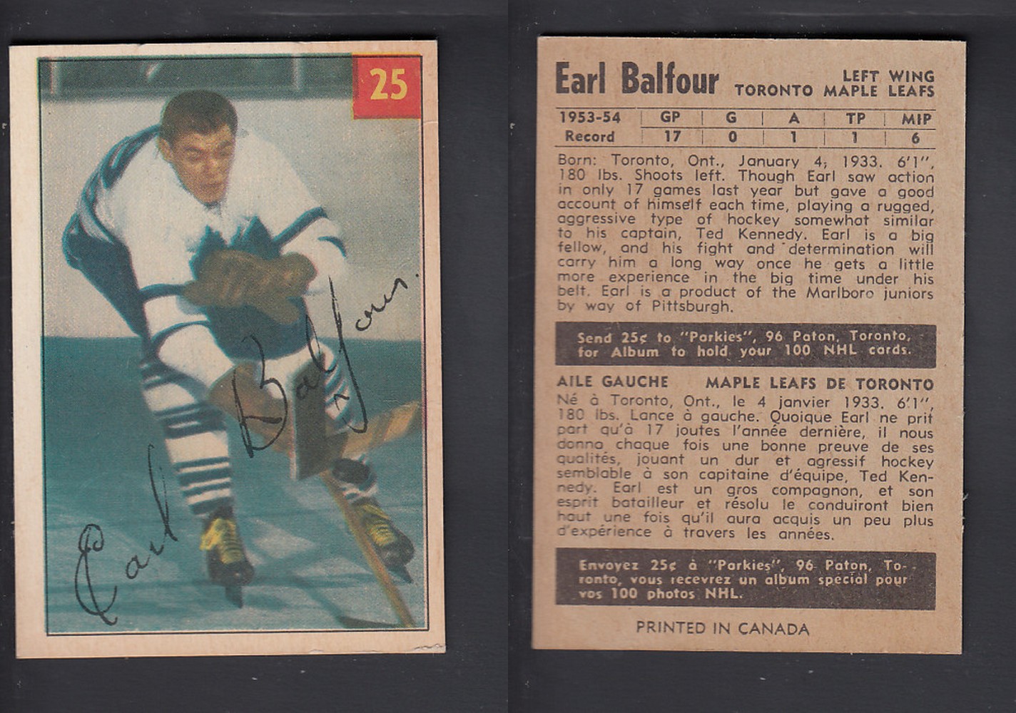 1954-55 PARKHURST HOCKEY CARD #25 E. BALFOUR photo 1954-55 PARKHURST HOCKEY CARD #25 E. BALFOUR photo