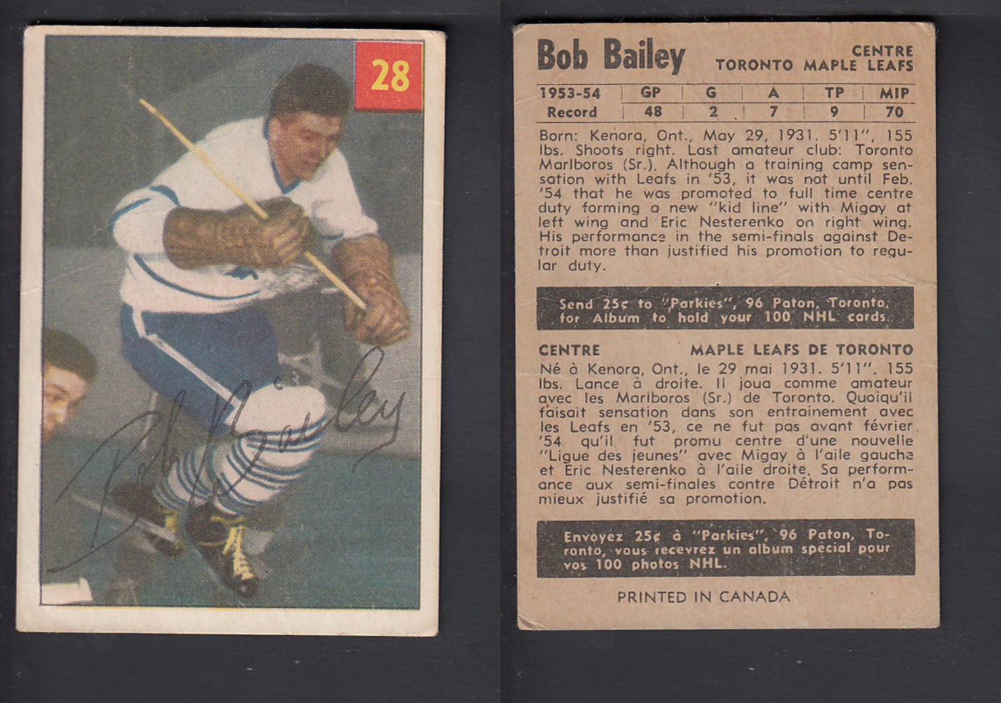1954-55 PARKHURST HOCKEY CARD #28 B. BAILEY photo 1954-55 PARKHURST HOCKEY CARD #28 B. BAILEY photo