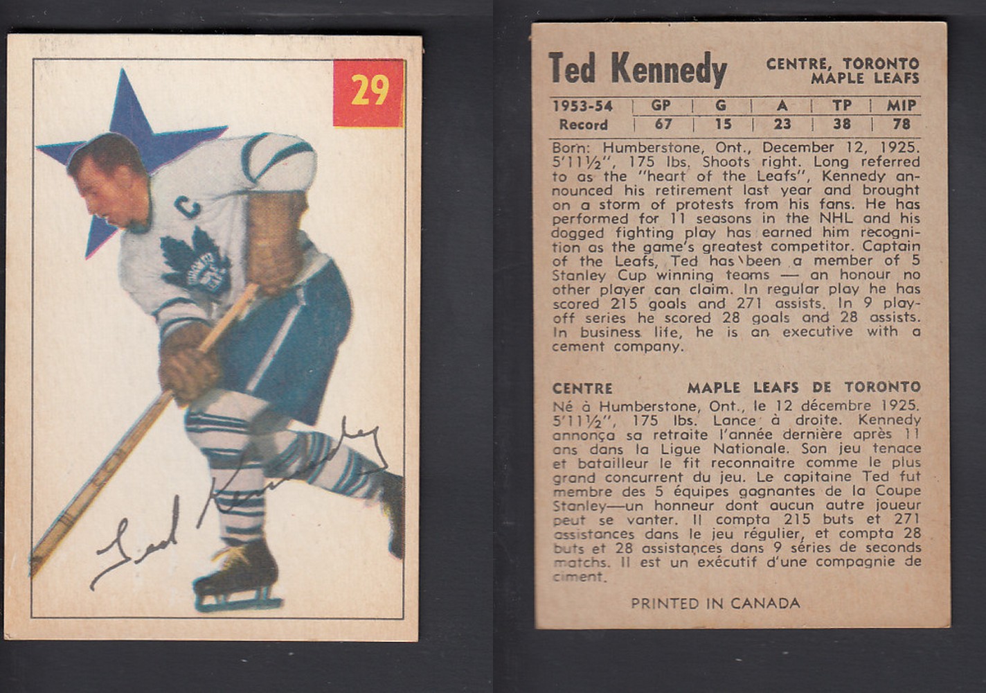 1954-55 PARKHURST HOCKEY CARD #29 T. KENNEDY photo 1954-55 PARKHURST HOCKEY CARD #29 T. KENNEDY photo