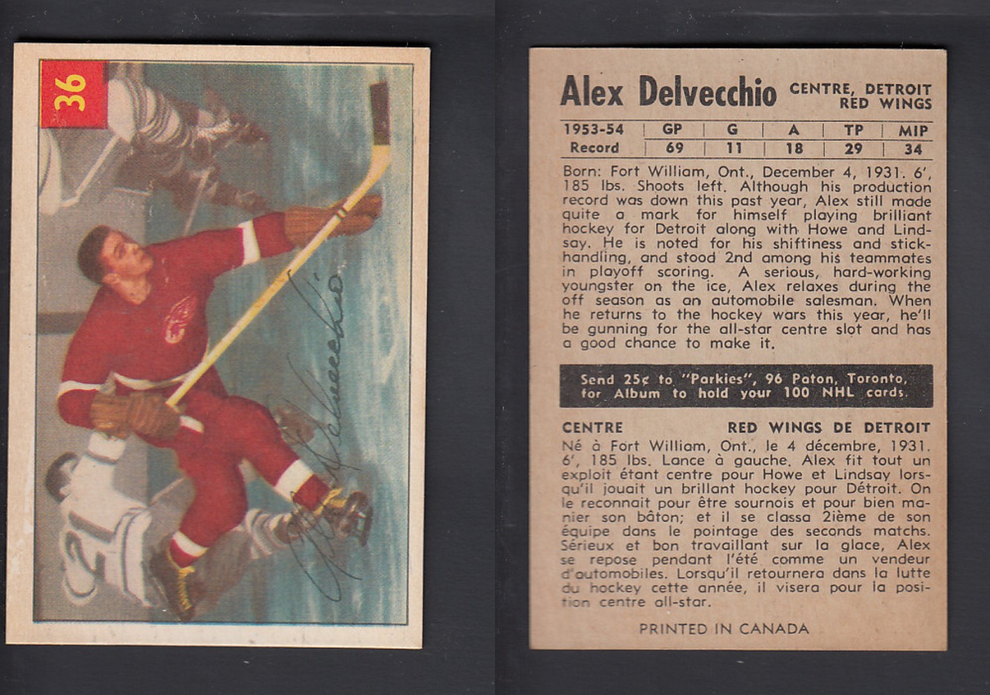 1954-55 PARKHURST HOCKEY CARD #36 A. DELVECCHIO photo 1954-55 PARKHURST HOCKEY CARD #36 A. DELVECCHIO photo