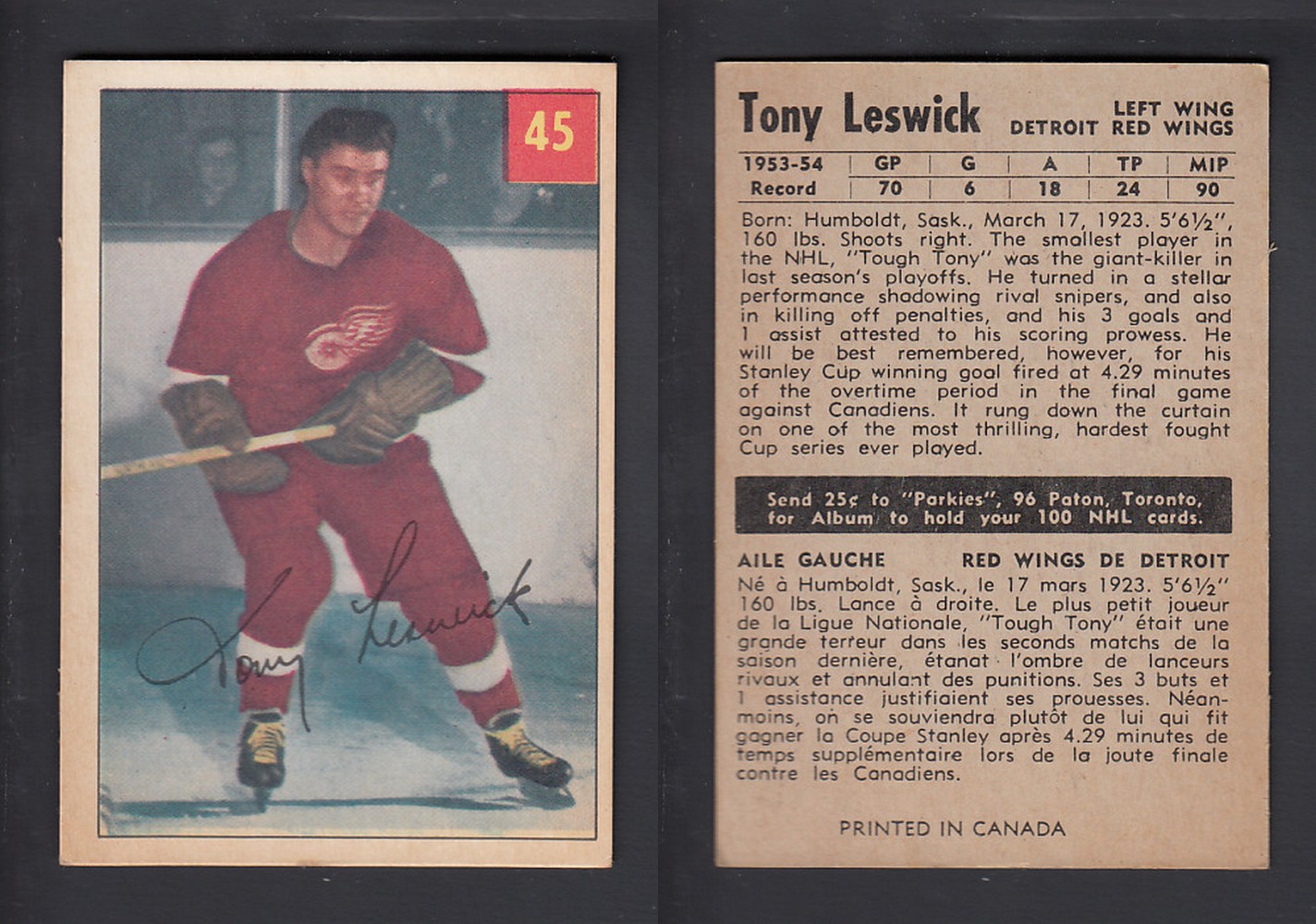 1954-55 PARKHURST HOCKEY CARD #45 T. LESWICK photo 1954-55 PARKHURST HOCKEY CARD #45 T. LESWICK photo