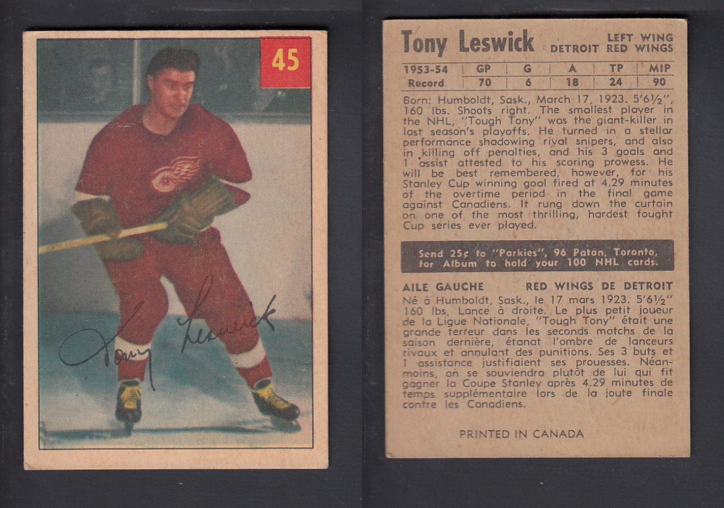 1954-55 PARKHURST HOCKEY CARD #45 T. LESWICK photo 1954-55 PARKHURST HOCKEY CARD #45 T. LESWICK photo