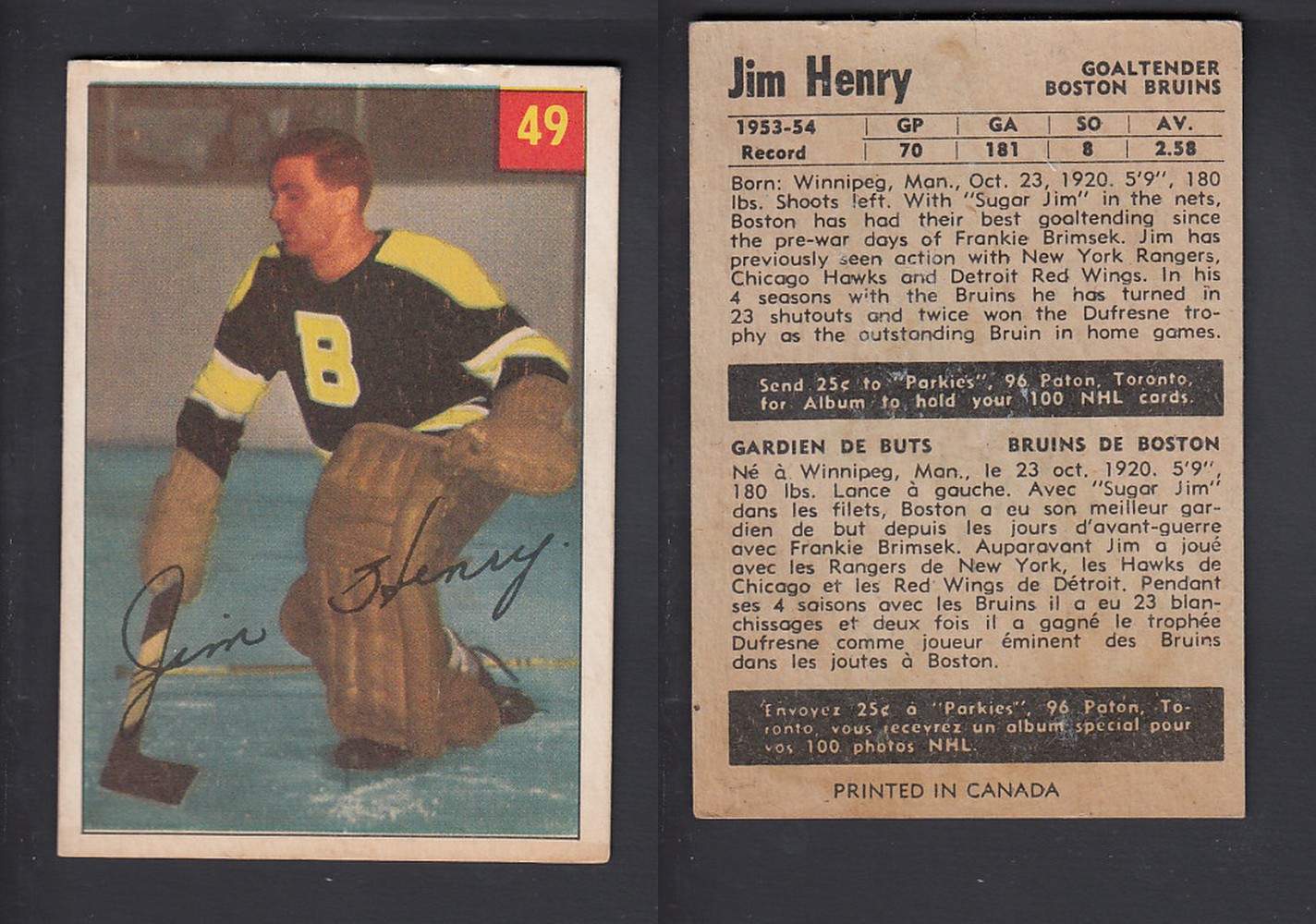 1954-55 PARKHURST HOCKEY CARD #49 J. HENRY photo 1954-55 PARKHURST HOCKEY CARD #49 J. HENRY photo