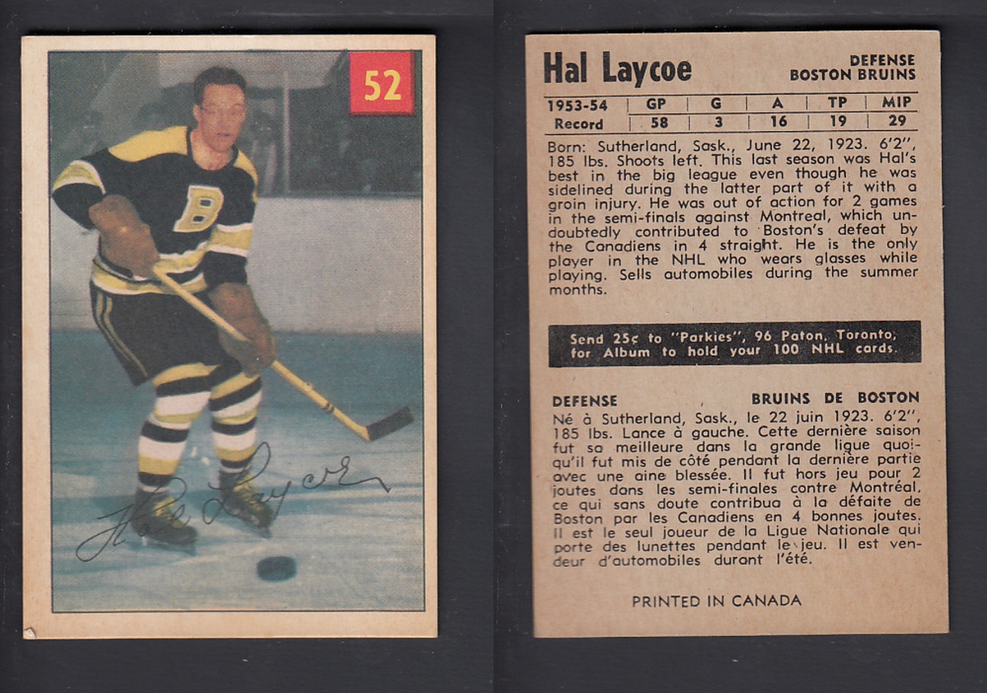 1954-55 PARKHURST HOCKEY CARD #52 H. LAYCOE photo 1954-55 PARKHURST HOCKEY CARD #52 H. LAYCOE photo