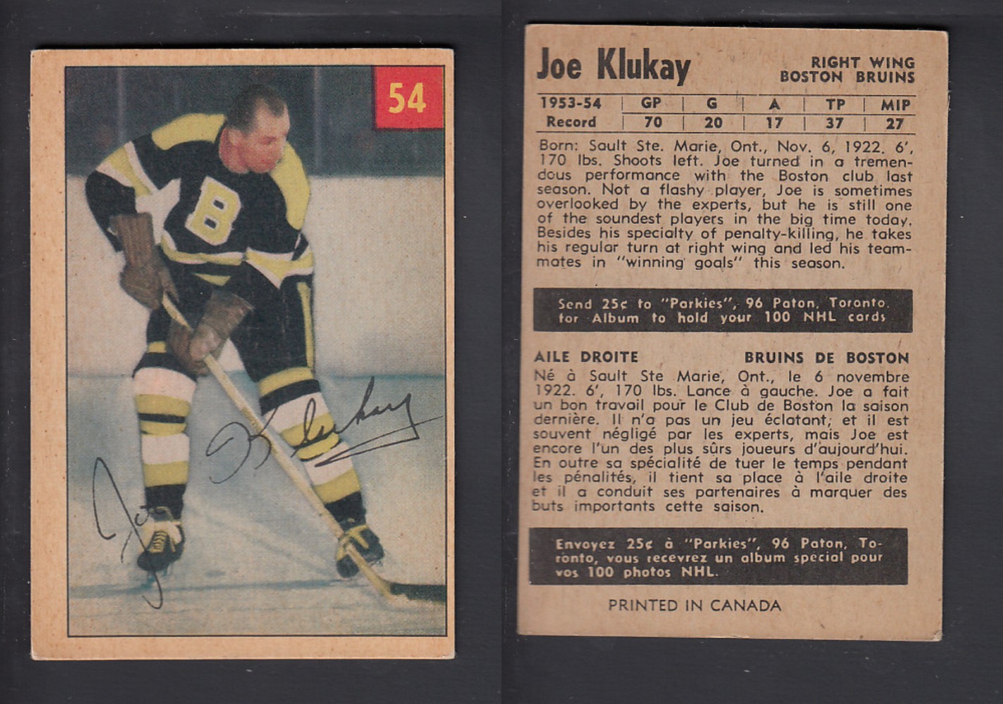 1954-55 PARKHURST HOCKEY CARD #54 J. KLUKAY photo 1954-55 PARKHURST HOCKEY CARD #54 J. KLUKAY photo